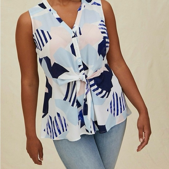 Torrid Blue and Pink Sleeveless Blouse with Tie Front - Picture 1 of 13